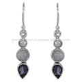 Belle pendentifs Iolite Rainbow Moonstone Pearl Gemstone et 925 Silver Dangle Drop Earrings